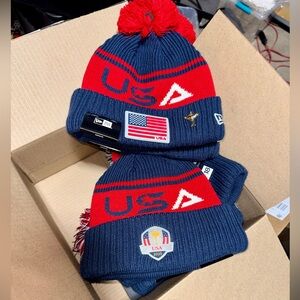 Official 2025 Ryder Cup New Era USA Flag w/ Pin Winter Pom Beanie Hat Golf Cap